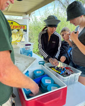 Students picking up fishing bait.
