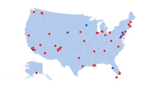 2025 cites (red dotes) and 2026 cities in development (blue dots). 
